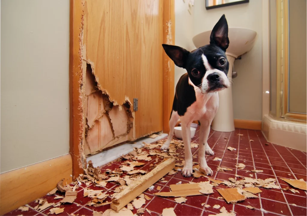 Boston Terrier stands in front of a bathroom door that it has chewed and ripped apart from the inside.