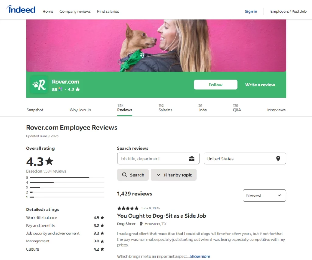Screenshot of the Indeed Rover employee reviews page.