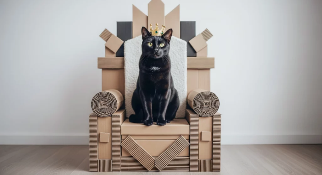 Black cat wearing a crown and sitting on a cardboard throne