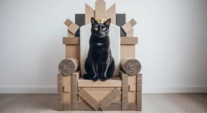 Black cat wearing a crown and sitting on a cardboard throne