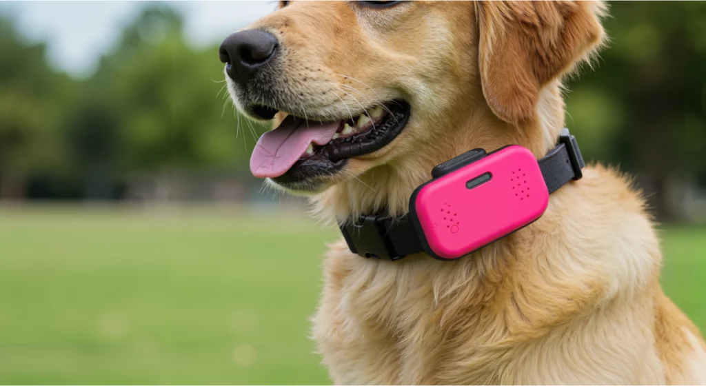 Golden retriever wearing an electronic collar.