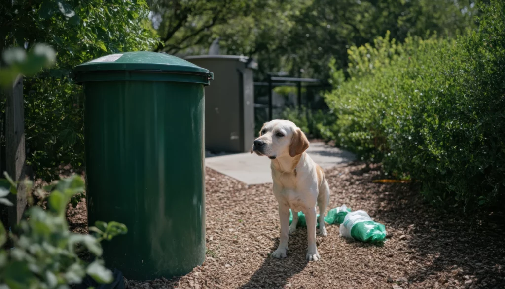 Yellow Labrador sniffs a green composting bin outdoors