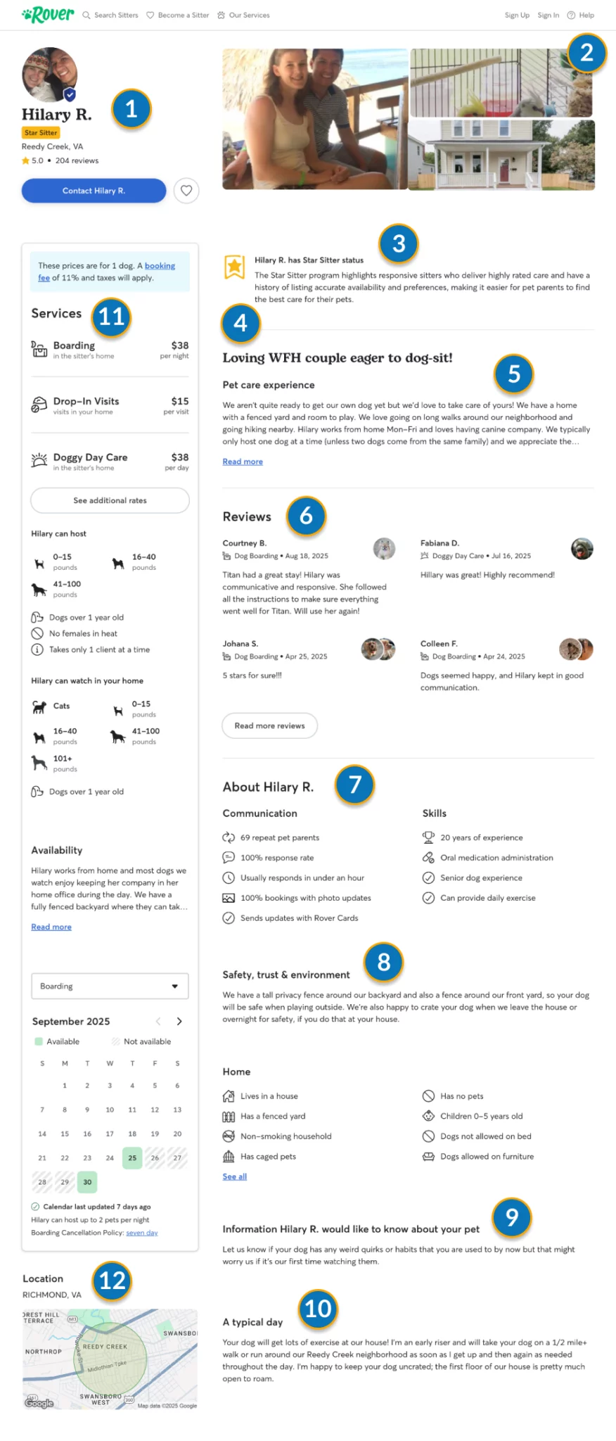 This Rover profile infographic is a labeled screenshot of dog walker Hillary R's profile page that numbers each profile section.