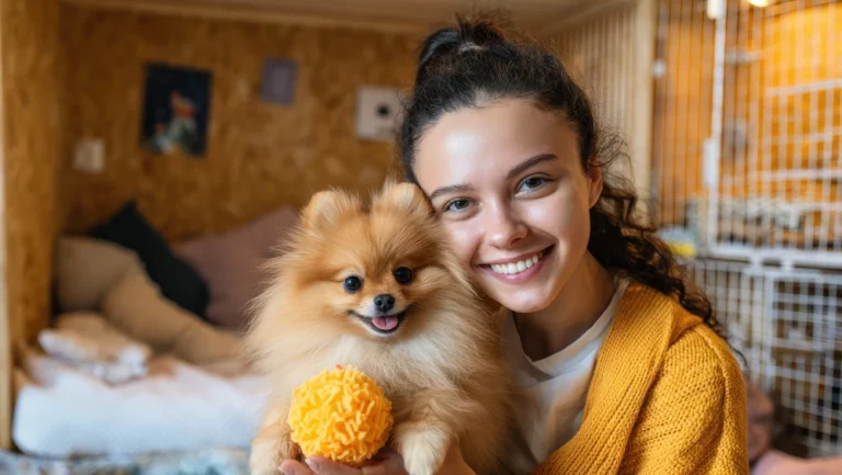girl smiling holding pomeranian