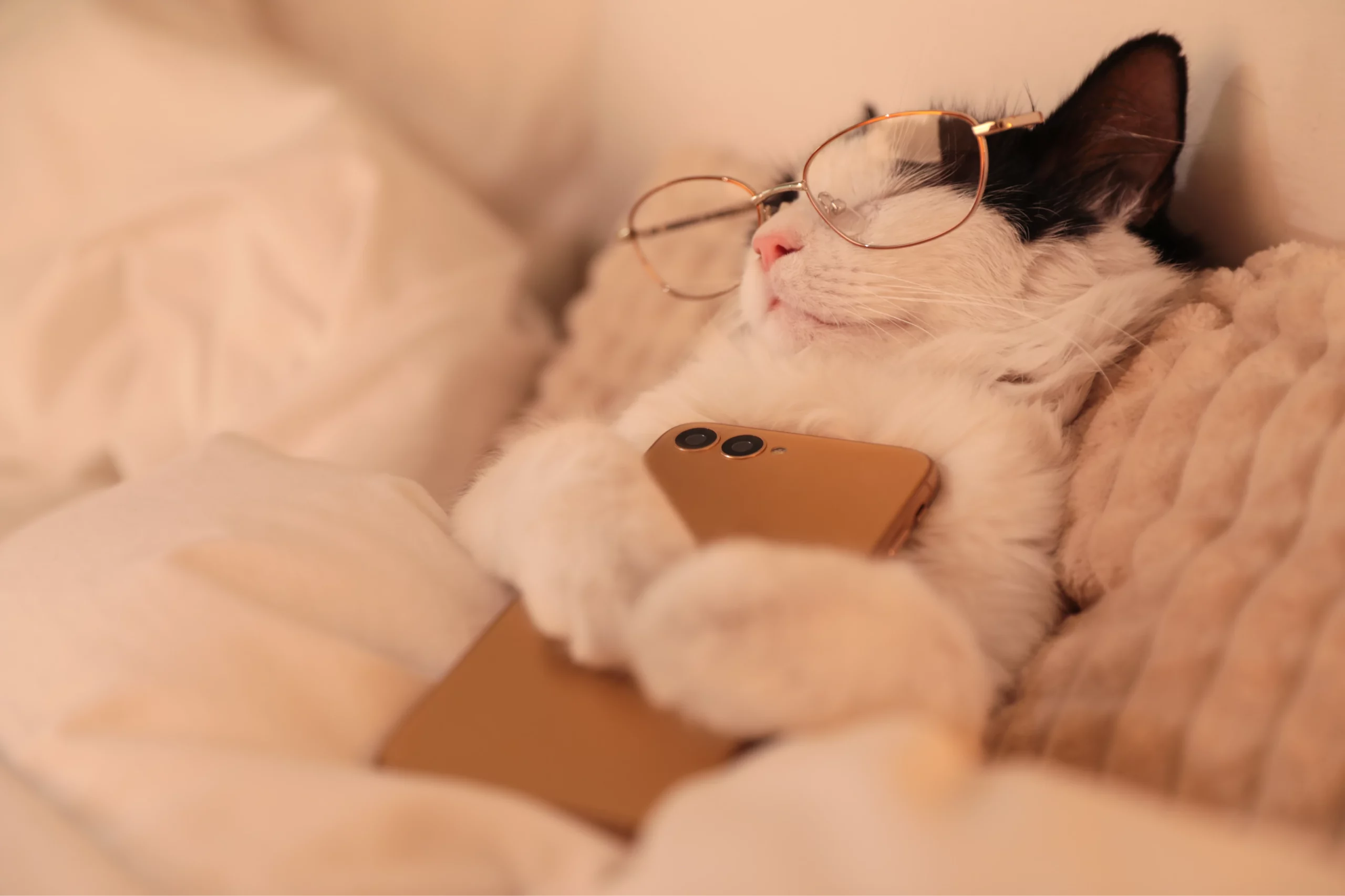 Cat wearing glasses is sleeping in a bed and clutching a phone in its paws