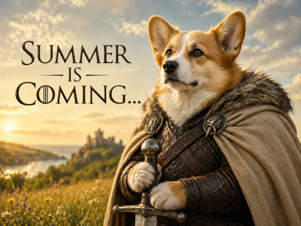 Summer is coming meme featuring a corgi wearing a cloak and carrying a sword