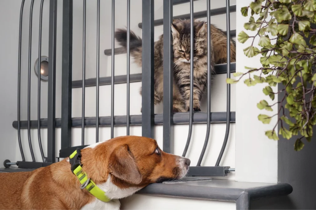 Cat looking a dog looking back through the bars of a garden gate